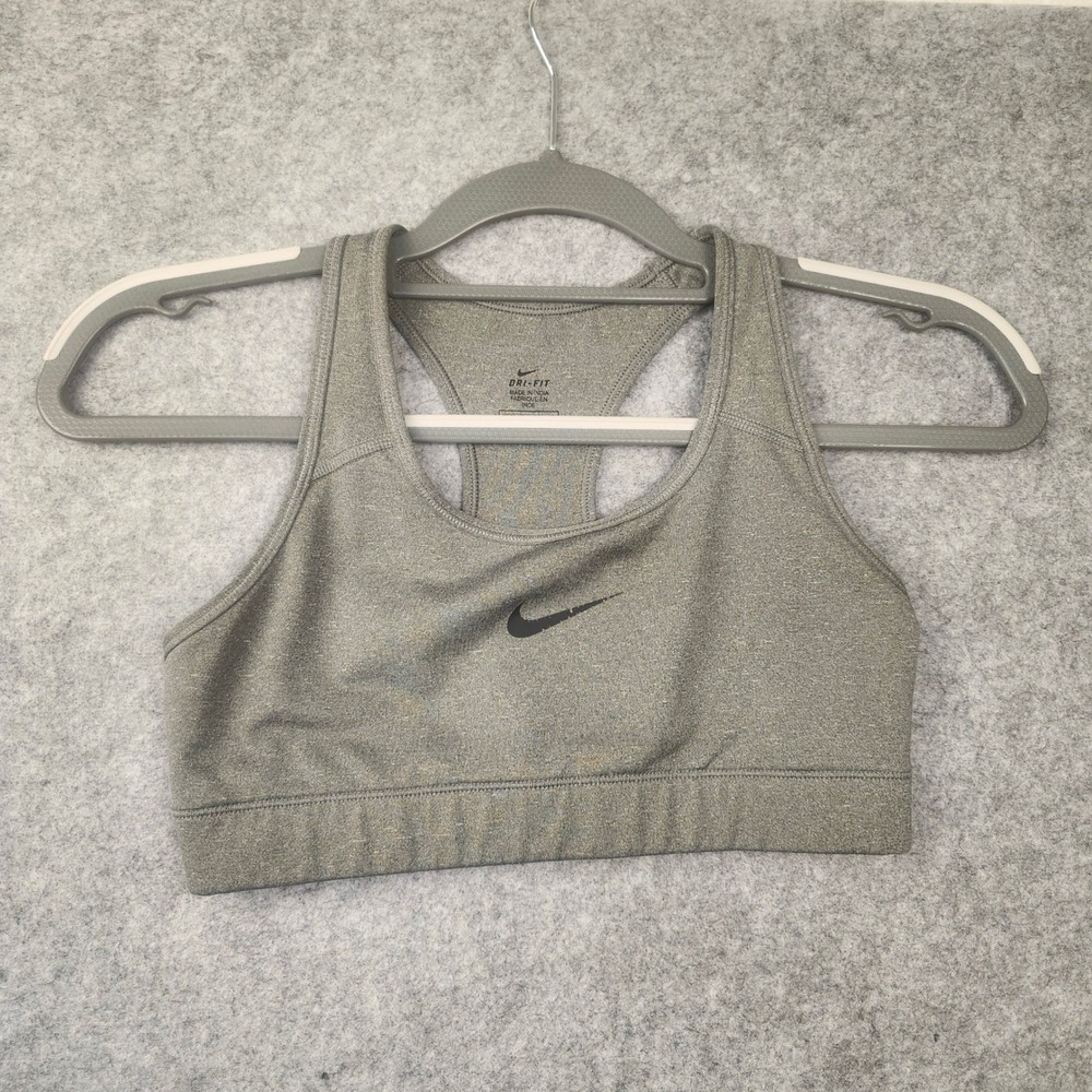 Nike Dri-FIT Racerback Sports Bra Heathered Grey Swoosh Logo Activewear